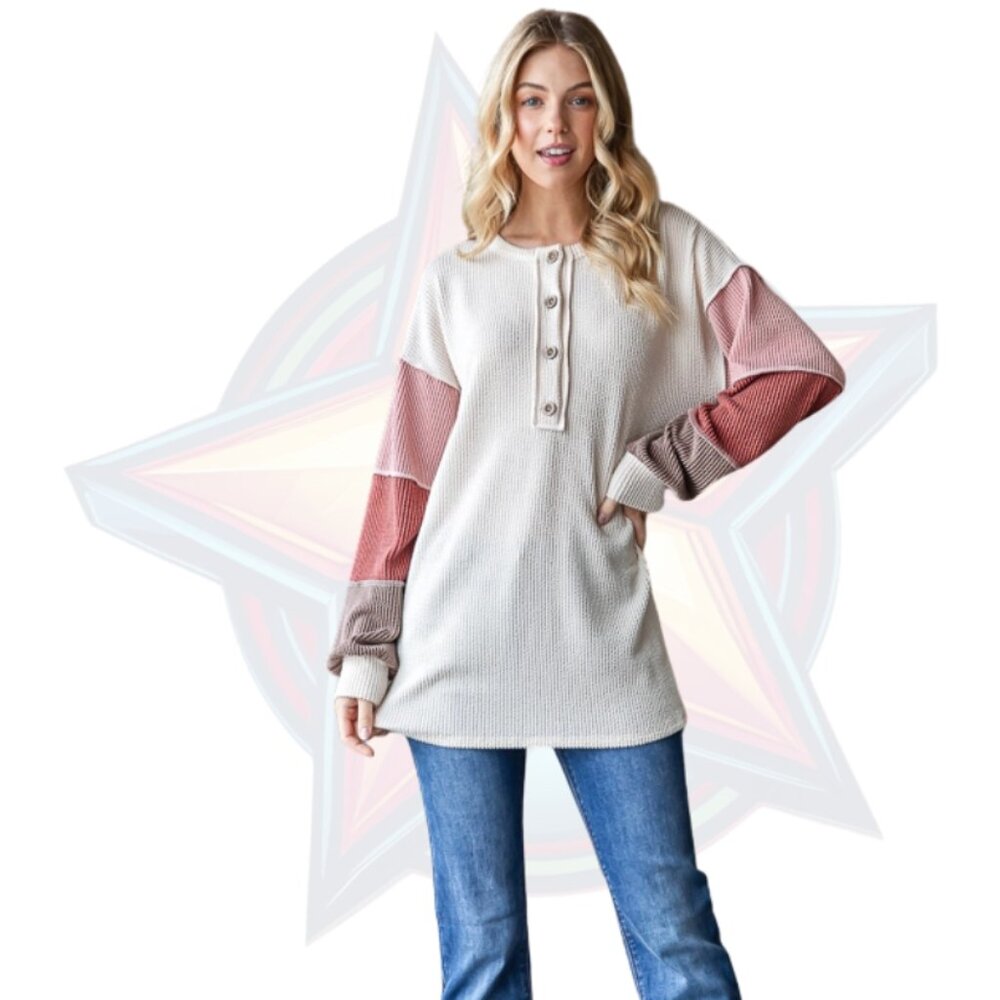 21c HEIMISH Stretchy Ribbed Color Block Top in Oatmeal and Pinks